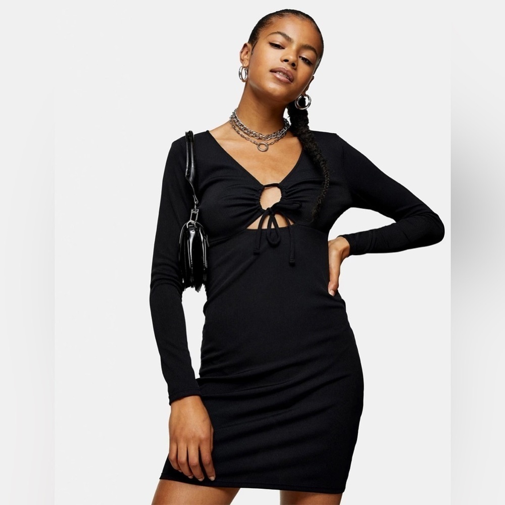 Top shop black long sleeve key hole dress with bow size 8